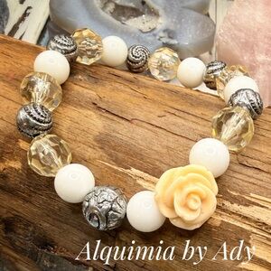 Milky Jade & Quartz Bracelet — 12mm Beads — Carved Rose Focal